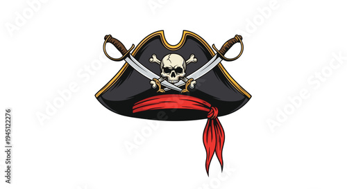 Pirate hat illustration featuring a white skull and crossbones design with two crossed cutlasses and a red bandana tied around it.