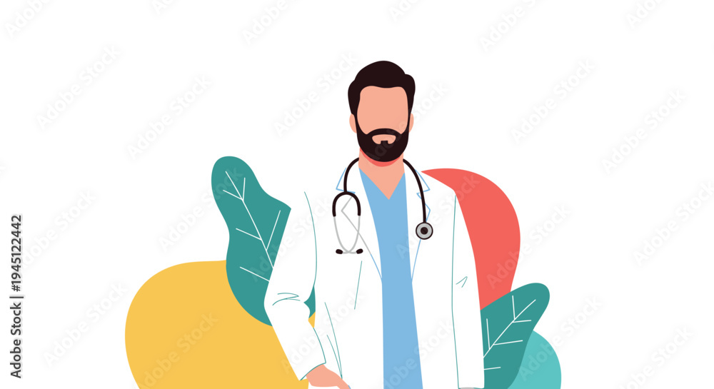 Fototapeta premium Medical doctor in a white lab coat with a stethoscope around his neck standing against a backdrop of stylized green and orange leaves.