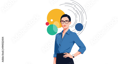 Modern professional woman with black hair and glasses standing confidently against a background of colorful abstract geometric shapes.