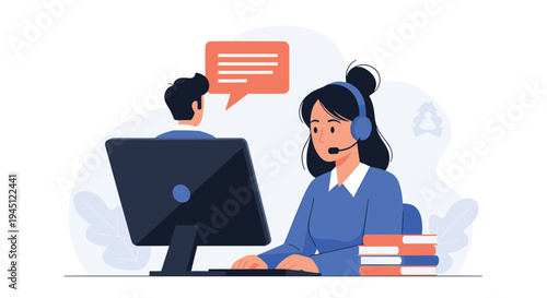 Customer service representative woman with a headset working at a computer desk with documents and a male colleague in the background.