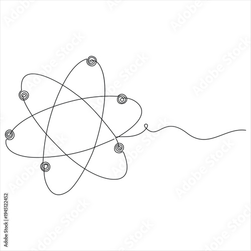 One continuous line drawing atom or proton nucleus sign symbol isolated vector illustration