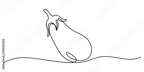 Continuous one line drawing eggplant. Vector illustration. Black line art on white background. Cartoon eggplant isolated on white background. Vegan concept