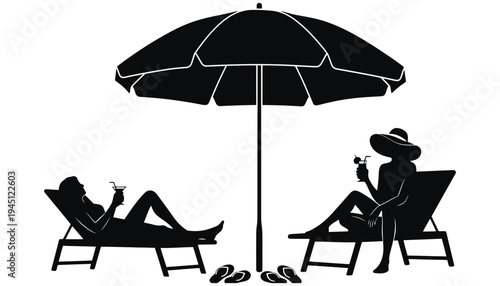 Umbrella vector silhouette of two people relaxing on beach chairs
