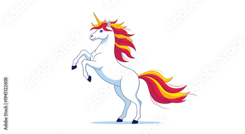 Majestic white unicorn rearing up on its hind legs with a colorful red, orange, and yellow mane and tail on a white background.