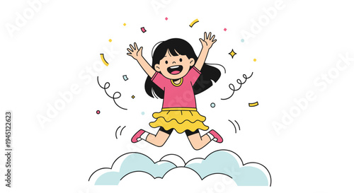 Happy young girl jumping for joy among colorful confetti and clouds celebrating a special achievement or a wonderful party day.