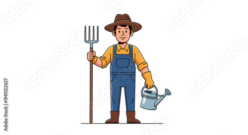 Friendly farmer character wearing a brown hat and overalls holding a pitchfork and a metal watering can in a garden or farm setting.
