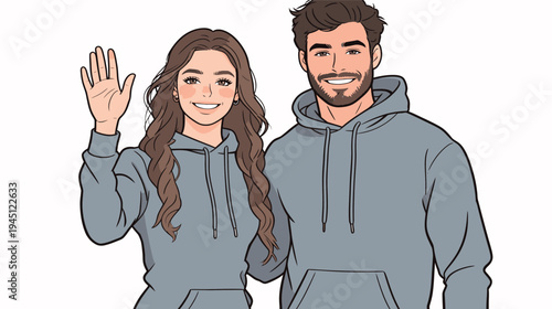 A couple stands together, smiling and waving. They wear matching gray hoodies and appear happy in a cartoon design.