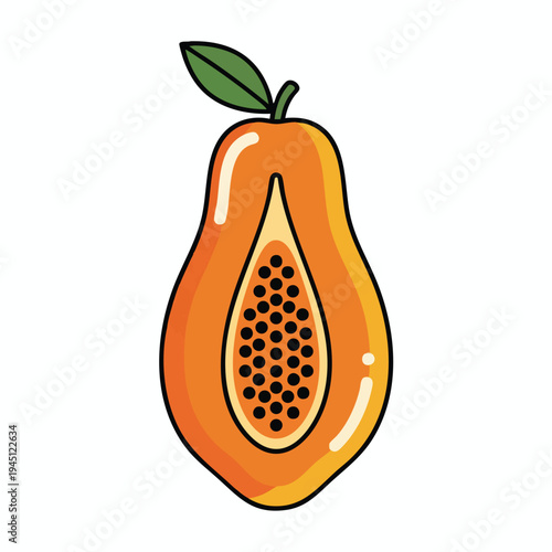 A vibrant, stylized illustration of a halved papaya with black seeds and a green leaf