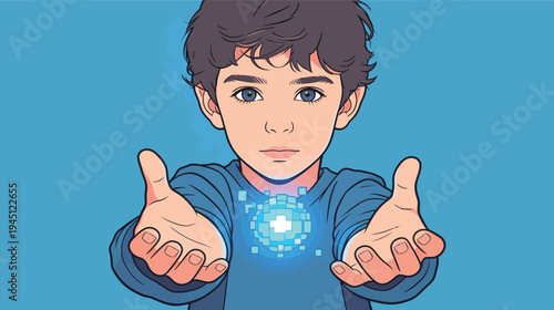 A boy extends his hands forward, showing a glowing object in his palms against a simple blue backdrop. He looks curious and excited.