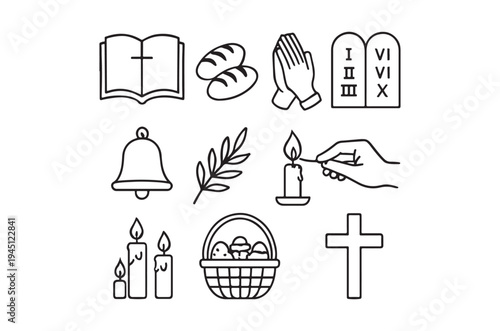 Religious symbols including a bible bread praying hands and a cross