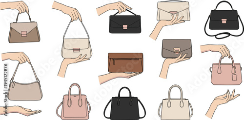 Women Hands Holding Stylish Handbags Collection with Modern Purses Tote Bags and Fashion Accessories Retail Product Display Vector Illustration Set