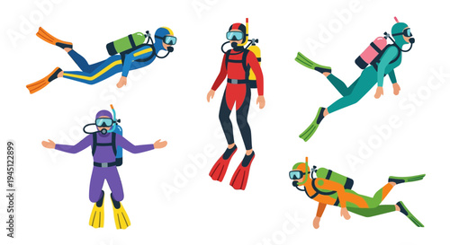 Diverse group of scuba divers illustrated in colorful cartoon style