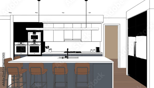 A modern kitchen interior with a large island and bar stools