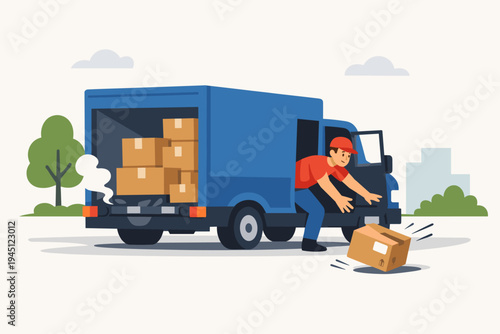 Vector illustration of a delivery driver dropping a parcel from a blue truck on the road, showing a shipping accident, logistics failure, and broken vehicle with smoke from the exhaust pipe.