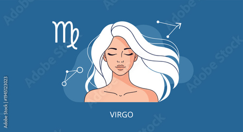 Beautiful illustration of the Virgo zodiac sign featuring a woman with flowing white hair and celestial symbols on a blue background.