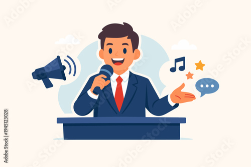 Professional male announcer or public speaker in a blue suit and red tie holding a microphone at a podium with megaphone, music note, and speech bubble icons, flat vector illustration on white.