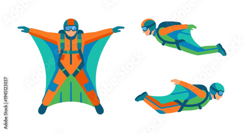 Three stylized illustrations of people in wingsuits during freefall