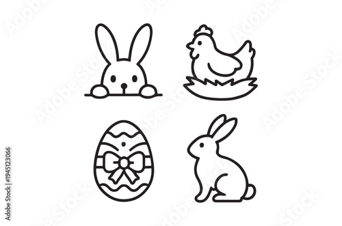 Simple line drawings of a rabbit chicken egg and bunny