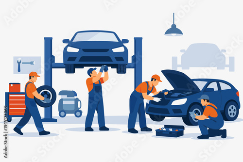 Professional Car Repair Service with Mechanics Working on Vehicles in a Garage. Auto Maintenance Team Fixing Cars on Hydraulic Lifts and Checking Engines. Flat Vector Illustration Design.