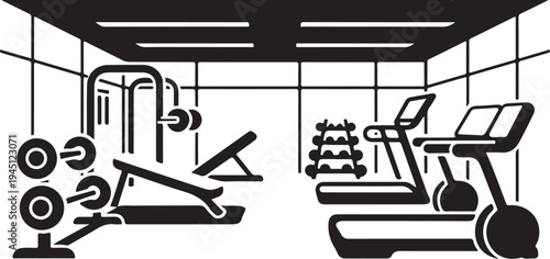 Black and white gym interior with exercise equipment