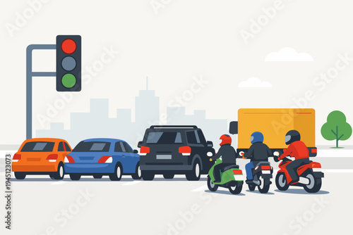 Flat Vector Illustration of an Urban Traffic Scene with Cars, Motorcycles, and a Truck Waiting at a Red Traffic Light on a City Street, Transportation and Commuting Concept with Skyline Background