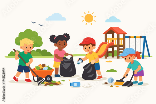 Diverse Group of Happy Children Cleaning Up a Playground and Garden; Kids Raking Leaves, Picking Up Litter into Trash Bags, and Sweeping; Environmental Education and Community Service Concept