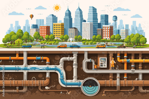 Detailed Flat Vector Illustration of a Modern Capital City Skyline with Underground Infrastructure Showing Water Pipes, Sewage Systems, Utility Networks, Maintenance Workers, and Park Landscape.