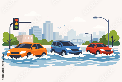 Flat vector illustration of cars driving through a flooded city street during a heavy rainstorm. Urban flooding disaster with vehicles submerged in water against a cityscape background.