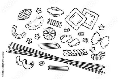 Large vector set of different types of pasta, simple black and white icons. Collection of Italian pasta shapes for culinary design, packaging or restaurant menus
