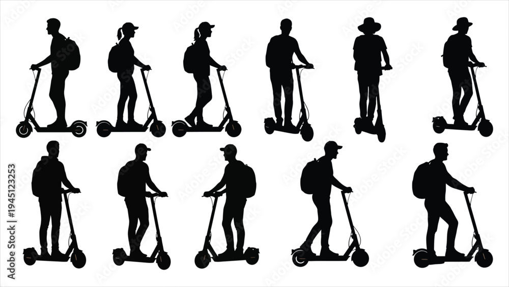 Fototapeta premium A Comprehensive Silhouette Set of People on Electric Scooters