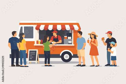 Simple flat vector illustration of people queuing at an orange food truck to buy fast food, featuring a vendor serving customers, a menu board, and people holding burgers and drinks on gray.