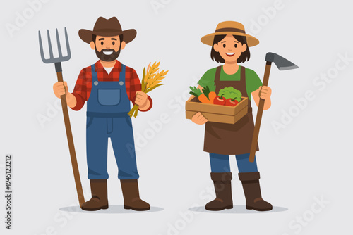 Happy male and female farmers standing together holding agricultural tools like a pitchfork and hoe, with a crate of fresh organic vegetables and wheat, flat vector illustration on gray background.