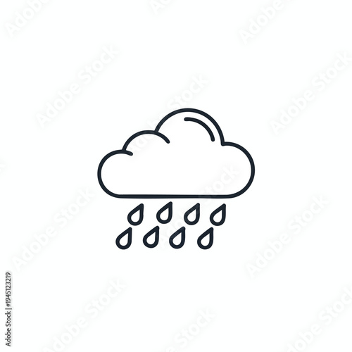 Minimalist icon of a cloud with multiple falling raindrops, clean design