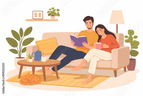 Young couple relaxing on a cozy sofa at home, man reading a book while woman leans on his shoulder with a mug, sleeping cat on rug, flat vector illustration of domestic life and leisure time.
