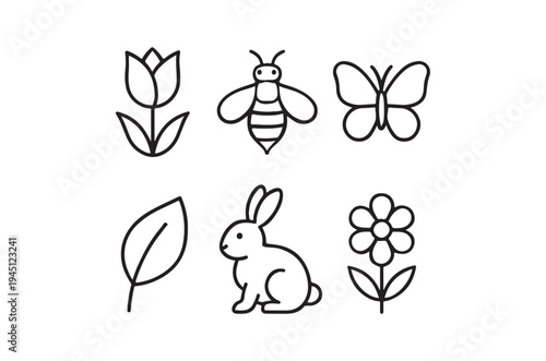 Simple line art illustration of insects flowers and a rabbit