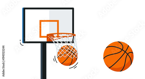 Basketball hoop and ball illustration with a scoring shot in progress