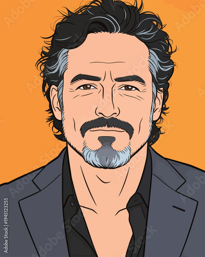 A man with dark hair and a beard is shown in a cartoon style wearing a black suit. The background is bright orange, making the figure stand out.