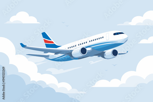 Passenger airplane flying through fluffy white clouds in a bright blue sky, flat vector illustration of a commercial jet airliner in flight, aviation travel and transportation concept design.