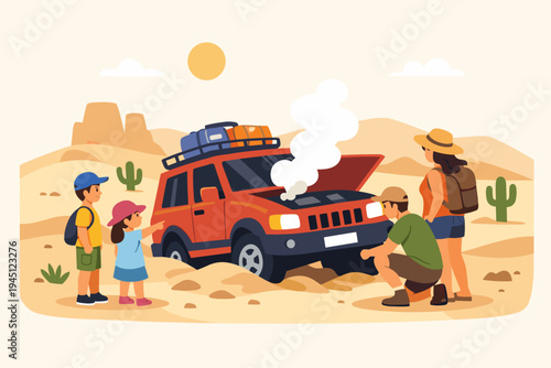 Family on a Road Trip Adventure Facing a Car Breakdown in the Desert with Engine Smoking and SUV Stuck in Sand, Parents and Children Looking at the Vehicle Trouble, Flat Vector Illustration.