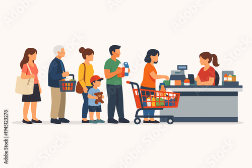 Diverse group of people standing in line at a supermarket checkout counter to pay for groceries. Flat vector illustration of customers with shopping carts and baskets in a retail store shop.