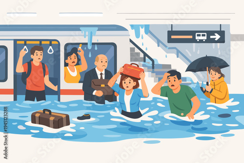 Flat Vector Illustration of People and Passengers Facing a Severe Flood Disaster in a Subway Station with Water Leaking from the Ceiling and Commuters Wading through Deep Water near a Train.