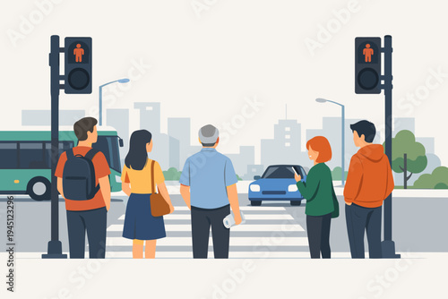 Diverse group of people waiting at a pedestrian crosswalk with red traffic lights in a city. Flat vector illustration of urban commuters, bus, and car on a street with a modern city skyline.