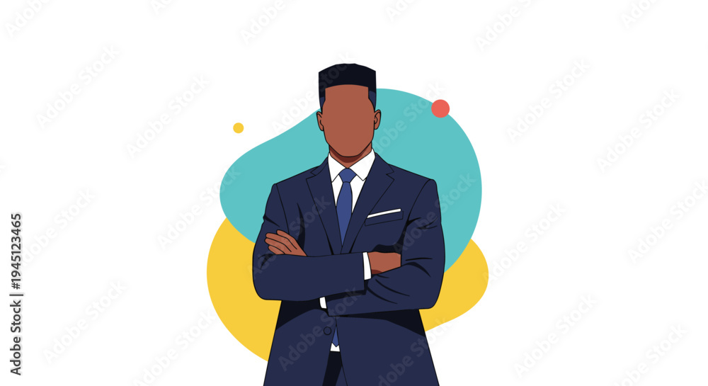 Obraz premium Professional African American businessman in a dark blue suit standing confidently with arms crossed against an abstract background.
