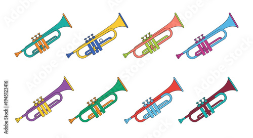 Colorful cartoon trumpets arranged in a grid on a white background