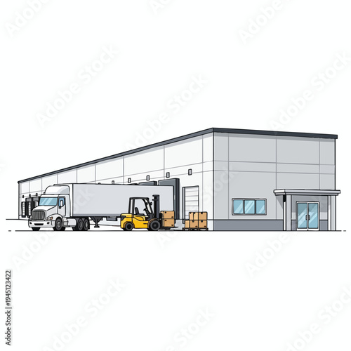 White semi-truck at loading dock with forklift and boxes beside warehouse