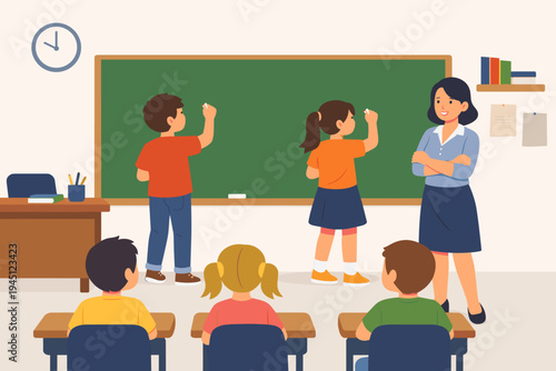 Flat Vector Illustration of a Classroom with a Smiling Female Teacher and Diverse Students. Two Children are Writing on a Large Green Chalkboard while Others Sit at Desks. Primary School Education.