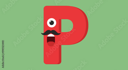 Cartoon Letter P with Funny Face and Mustache