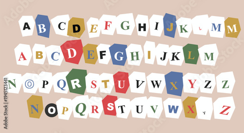 Ransom Note Style Alphabet Collection Featuring Individual Paper Cutout Letters in Various Colors and Fonts for Creative Graphic Typography Design Projects
