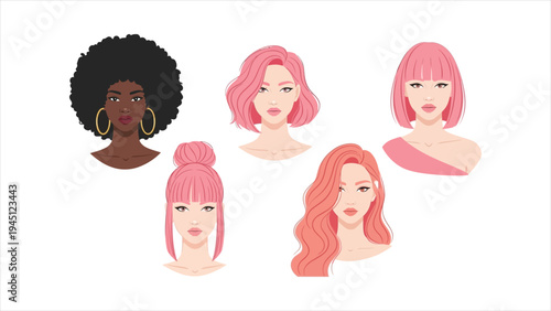 A Diverse Collection of Modern Female Avatars with Bold Pink Hairstyles