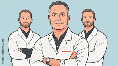 Three doctors in white lab coats pose together in a professional setting. They look focused and appear to be ready to help.